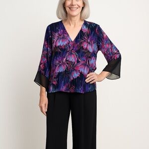 Roberto Cavalli Floral Blouse – Black w/ Purple, Pink & White – Size 44 (US 12)